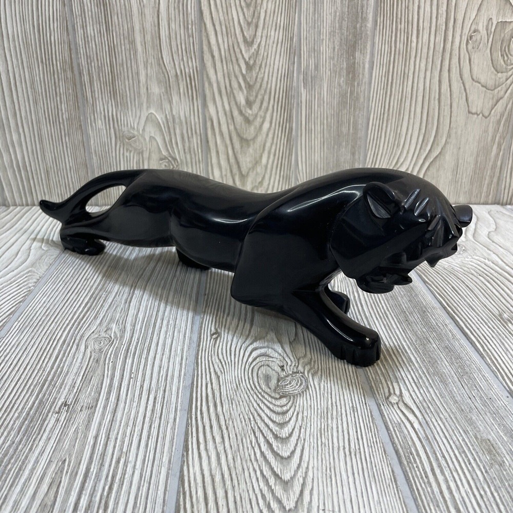 Hand Carved Black Obsidian Panther Figurine Sleek Stalking Cat Statue 8 Inch